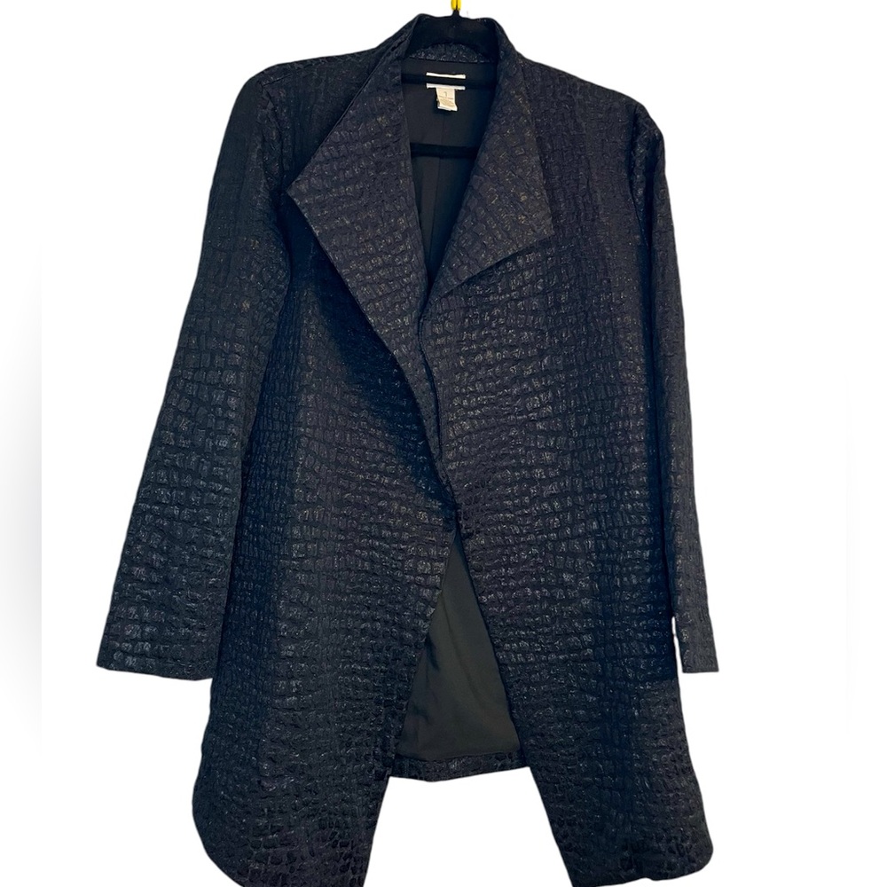 Chico’s Black Textured Open Front Shimmer Duster Old Money Topper Mob Wife - Picture 5 of 7